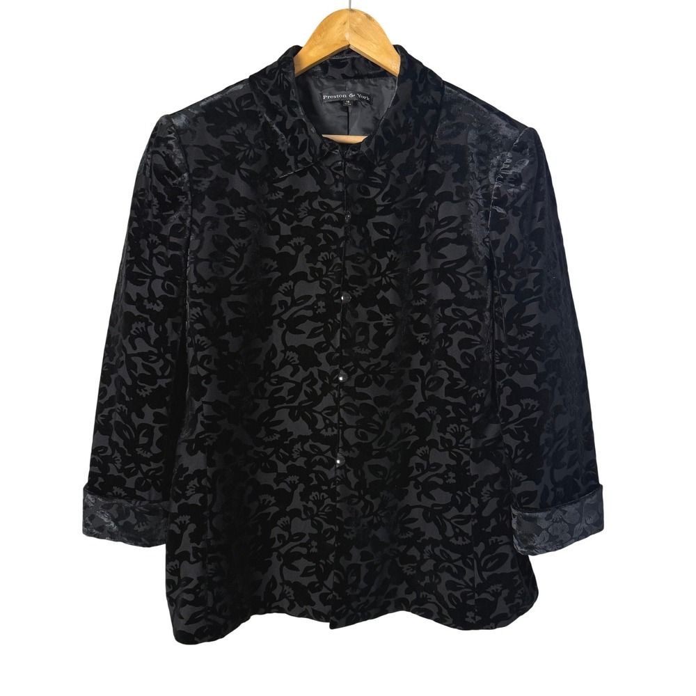 Vintage Black Floral Burnout Velvet Preston York Blazer Jacket Womens Size 16